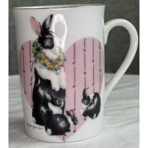 Vintage Pink Floral Bunny Rabbit Mug Cup Jan Jameson Heartprint Otagiri Japan‎